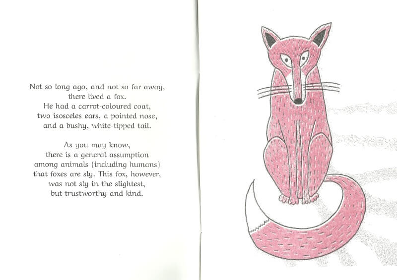 Pages 4&5 of The Sly Becoming of Fox. A picture of a fox sitting.